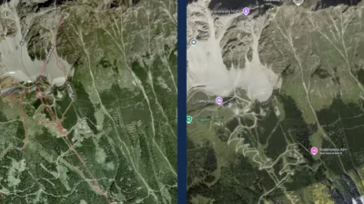 Google Maps toont geen skipistes en skiliften meer