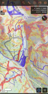 Caltopo kaart met schaduwzijden bergen