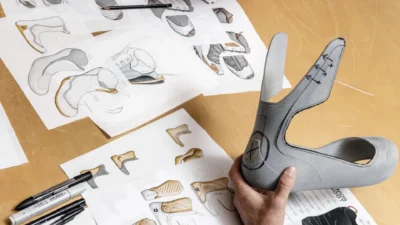 Schetsen van Union snowboardschoenen op papier